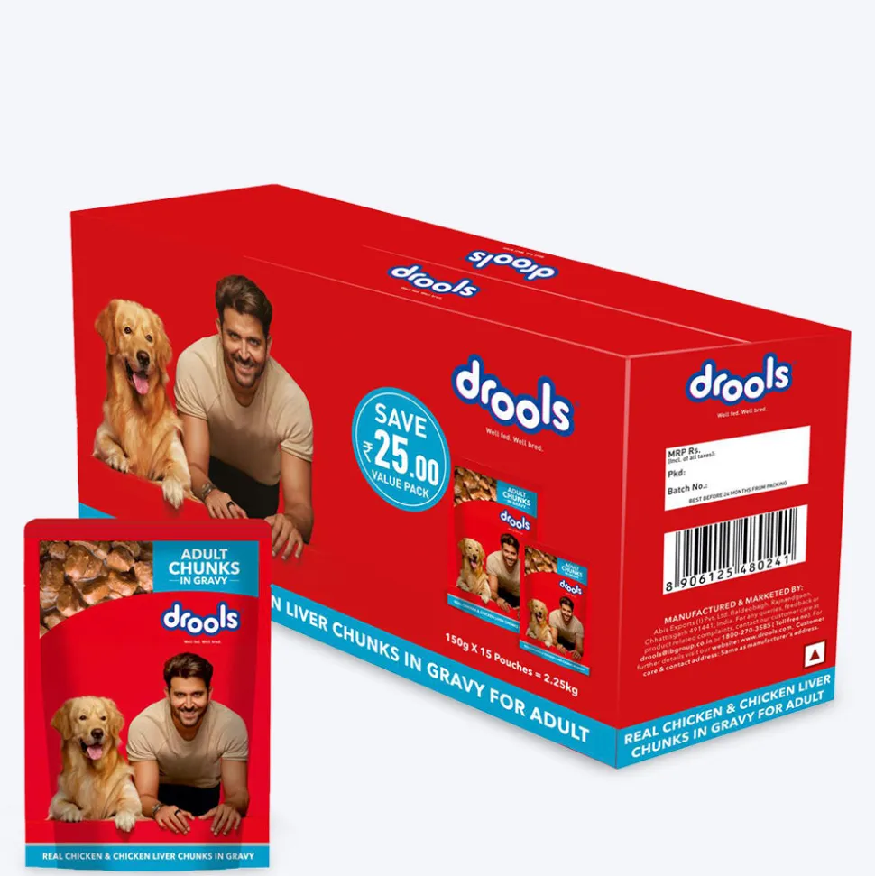 Drools Real Chicken and Chicken Liver Chunks in Gravy Adult Wet Dog Food - 150 g Packs