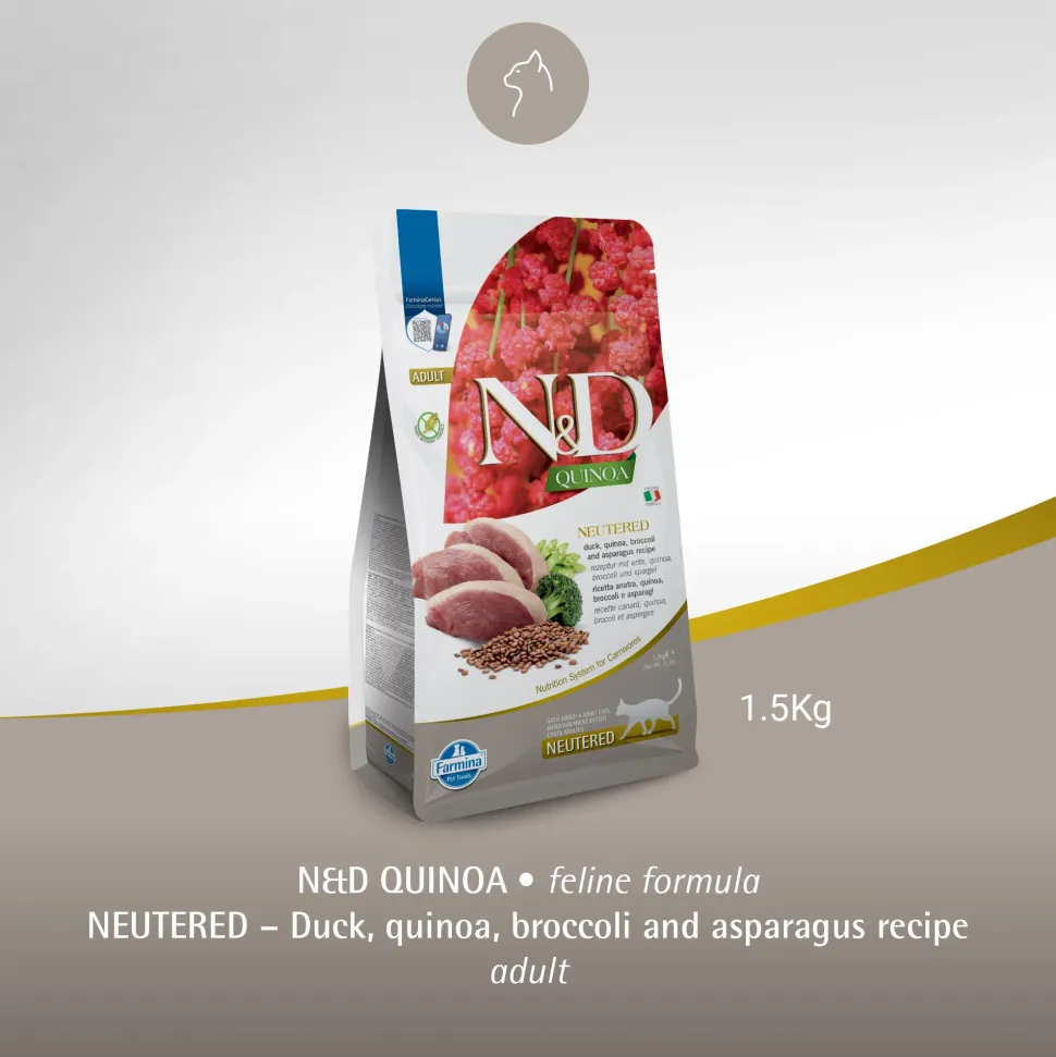 Farmina N&D Quinoa Neutered Duck, Broccoli & Asparagus Dry Food For Adult Cat - 1.5 kg