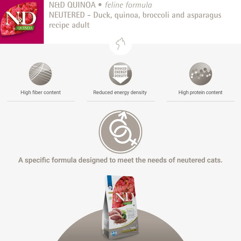 Farmina N&D Quinoa Neutered Duck, Broccoli & Asparagus Dry Food For Adult Cat - 1.5 kg
