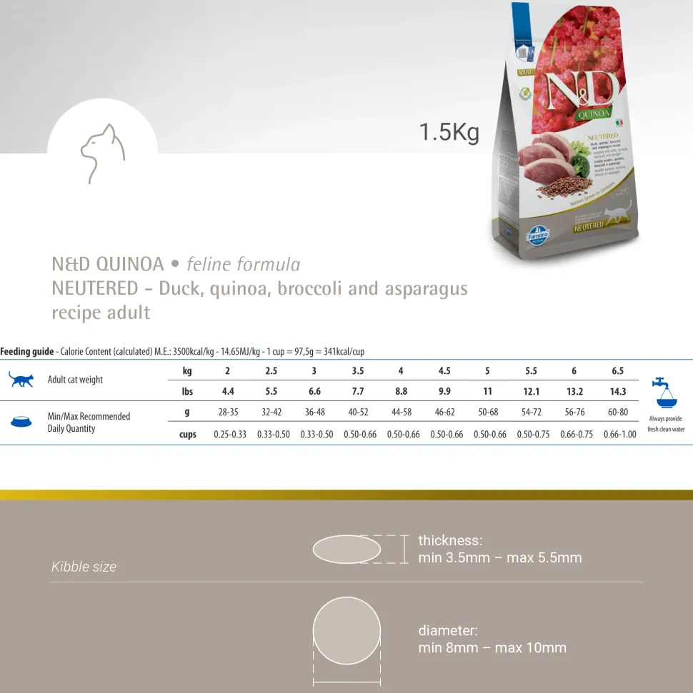 Farmina N&D Quinoa Neutered Duck, Broccoli & Asparagus Dry Food For Adult Cat - 1.5 kg