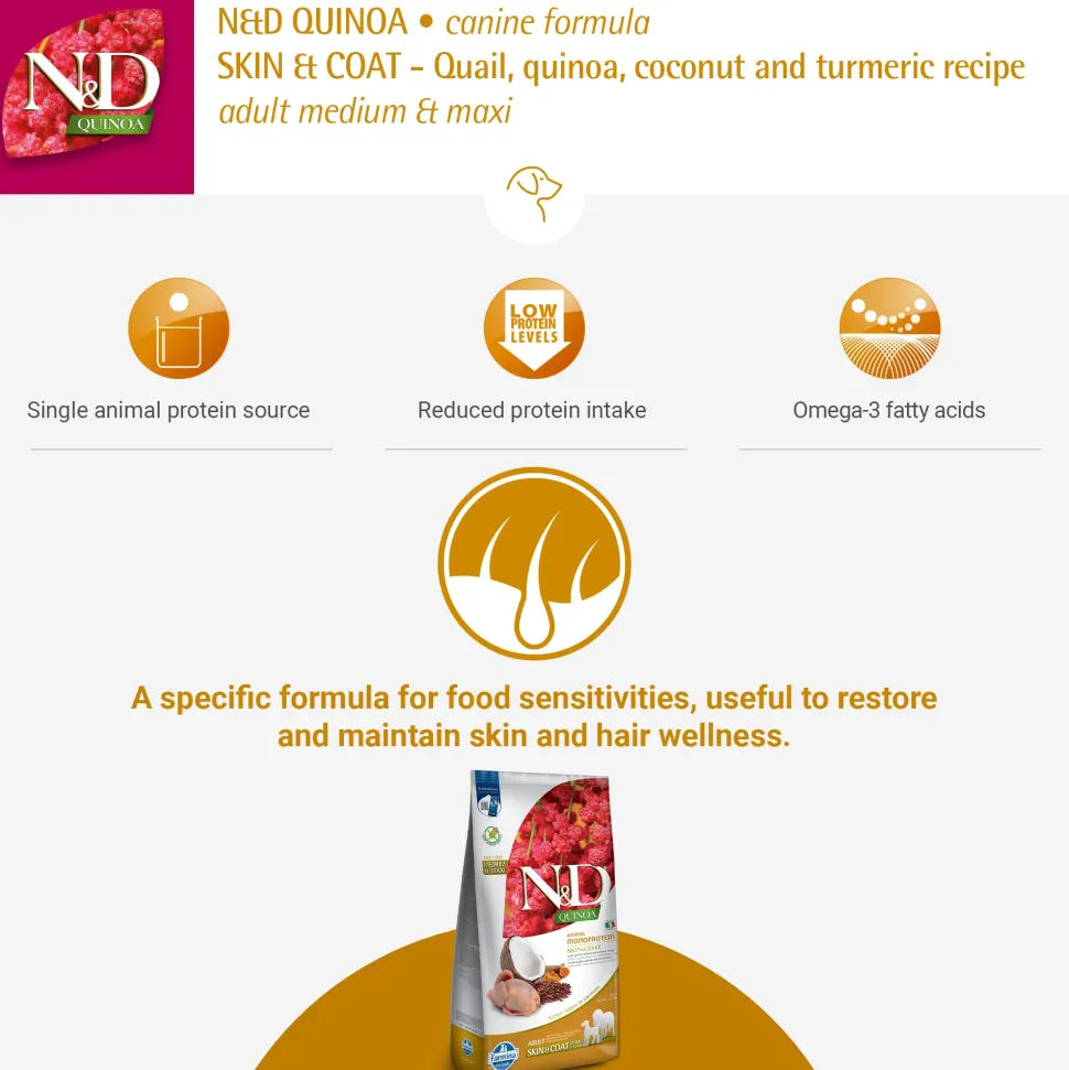 Farmina N&D Quinoa Quail, Coconut & Turmeric (Skin & Coat) Medium & Maxi Breed Dry Adult Dog Food
