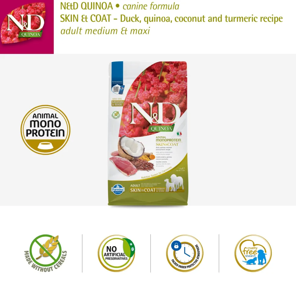 Farmina N&D Quinoa (Skin & Coat) Duck, Coconut & Turmeric Grain Free Medium & Maxi Breed Dry Dog Food