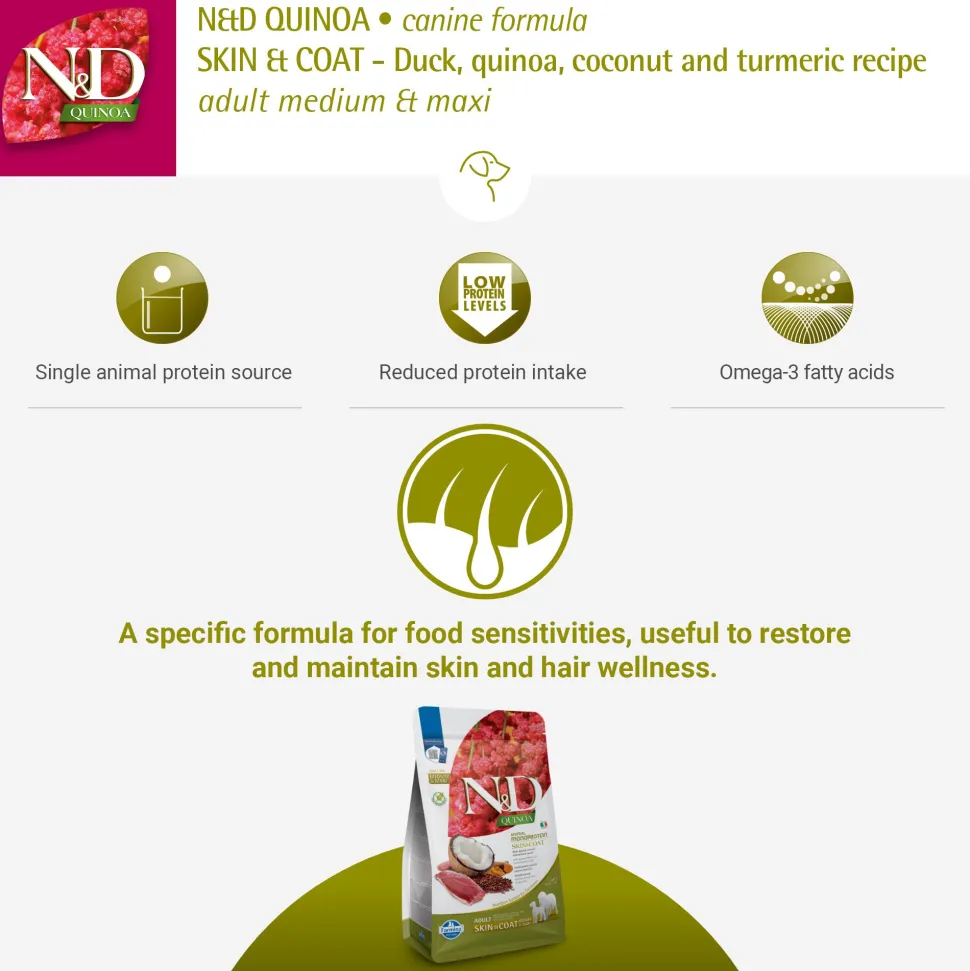Farmina N&D Quinoa (Skin & Coat) Duck, Coconut & Turmeric Grain Free Medium & Maxi Breed Dry Dog Food