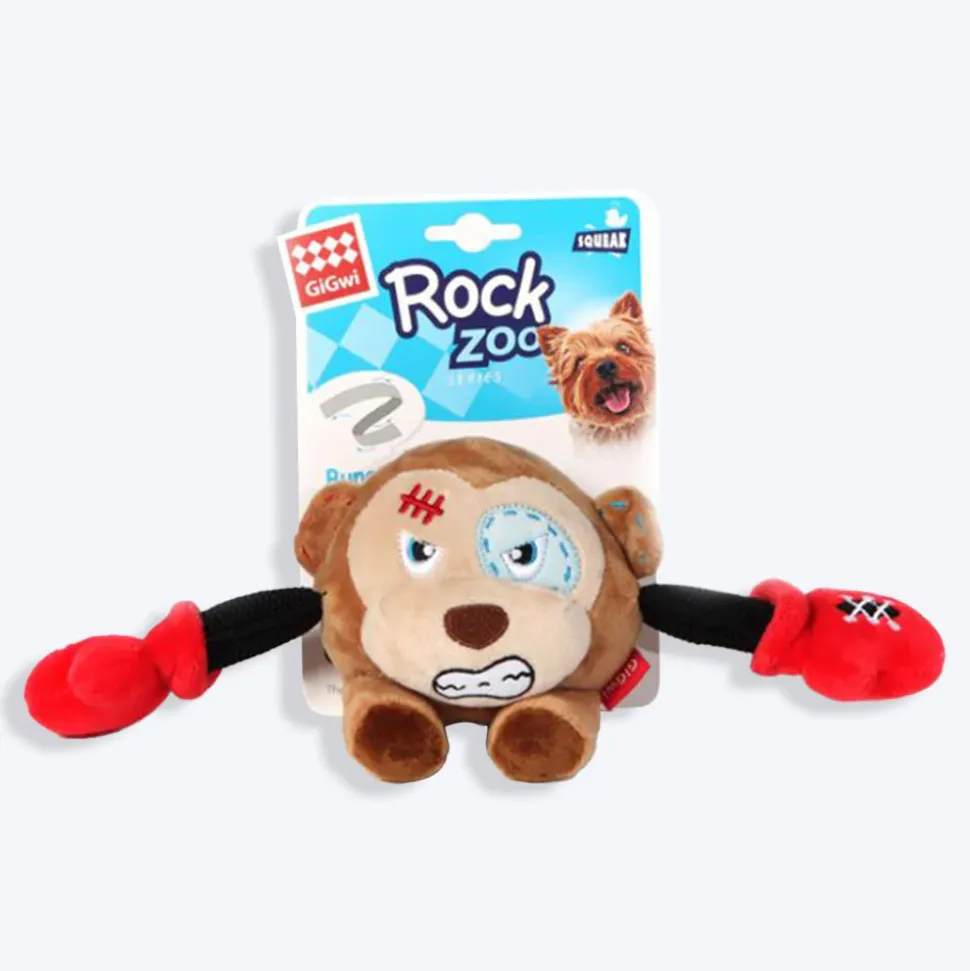 GiGwi Monkey Rock Zoo King Boxer With Squeaker, Bungee Arm Fetch Dog Toy - Brown - S