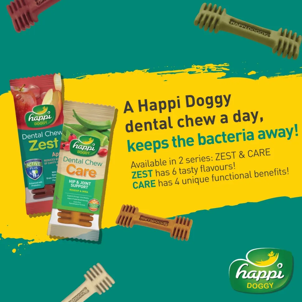 Happi Doggy Vegetarian Dental Chew - Care (Hip & Joint Support) Rosehip & Okra - Petite - 2.5 inch - 150 g - 18 Pieces
