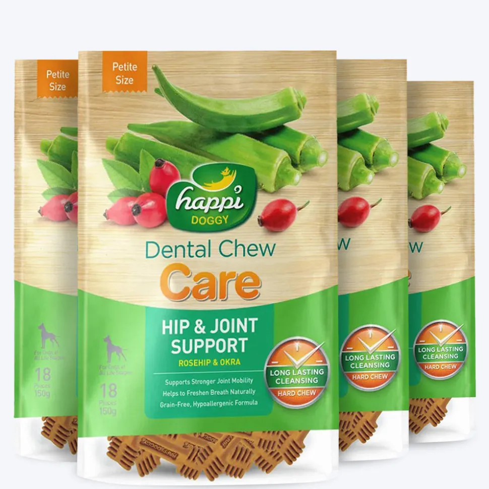 Happi Doggy Vegetarian Dental Chew - Care (Hip & Joint Support) Rosehip & Okra - Petite - 2.5 inch - 150 g - 18 Pieces