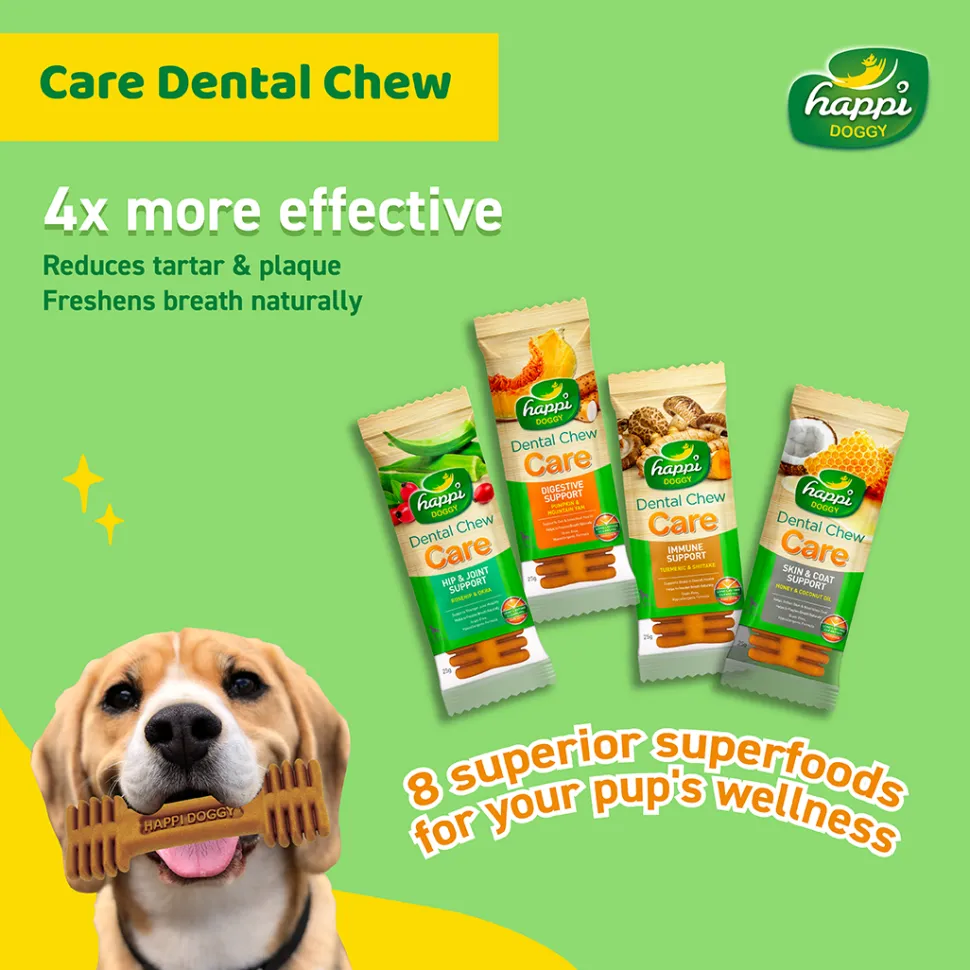 Happi Doggy Vegetarian Dental Chew - Care (Hip & Joint Support) Rosehip & Okra - Petite - 2.5 inch - 150 g - 18 Pieces