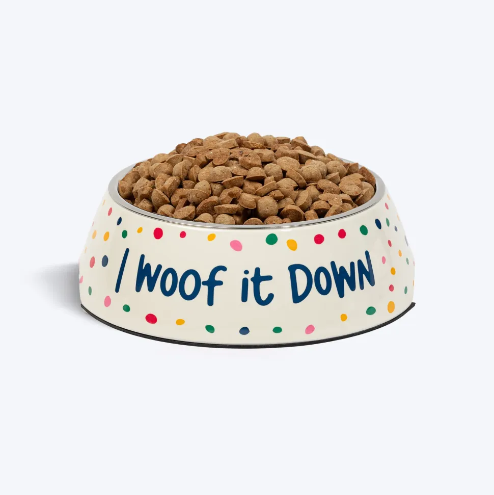 HUFT I Woof It Down Printed Melamine Bowl With Steel Insert For Dog - Beige