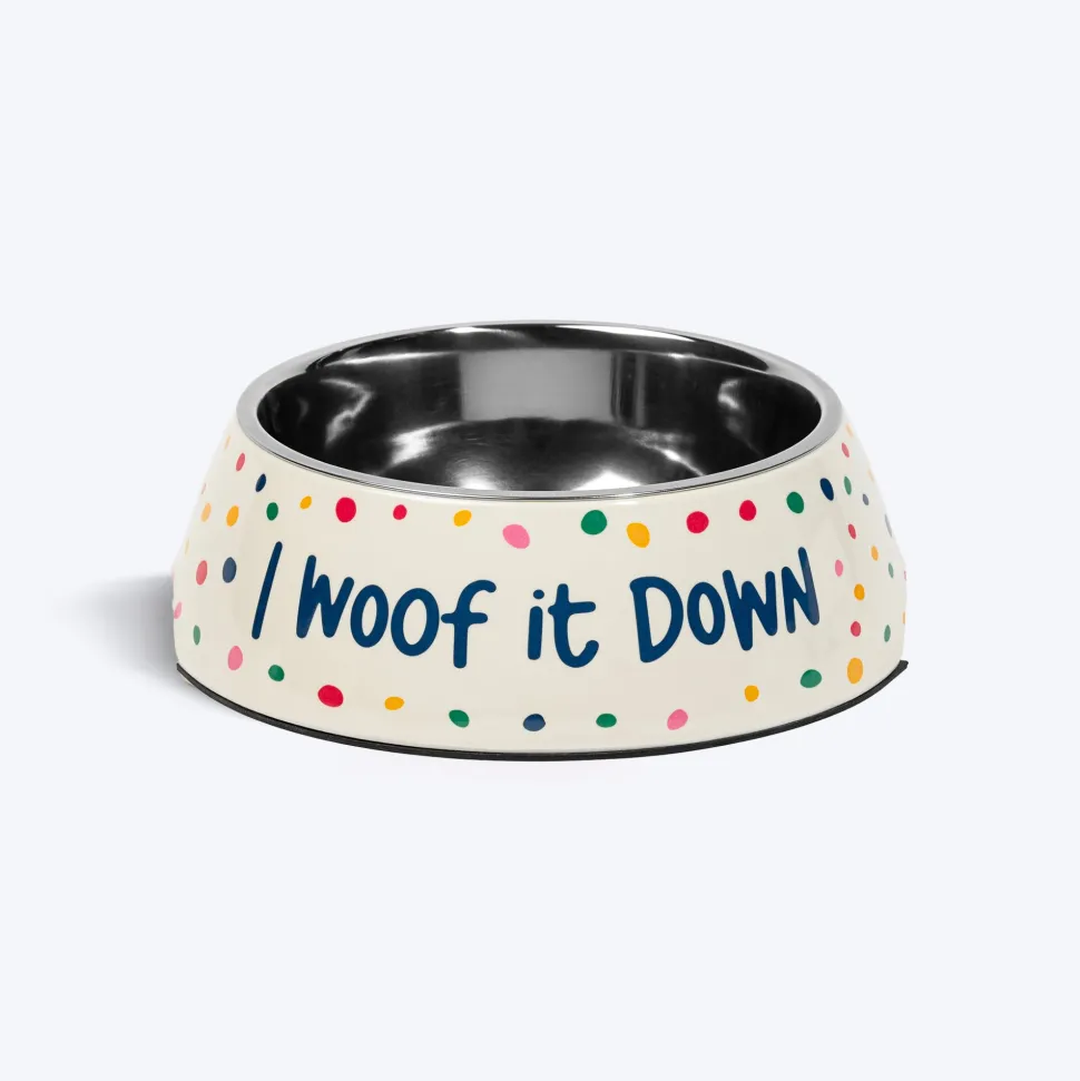 HUFT I Woof It Down Printed Melamine Bowl With Steel Insert For Dog - Beige