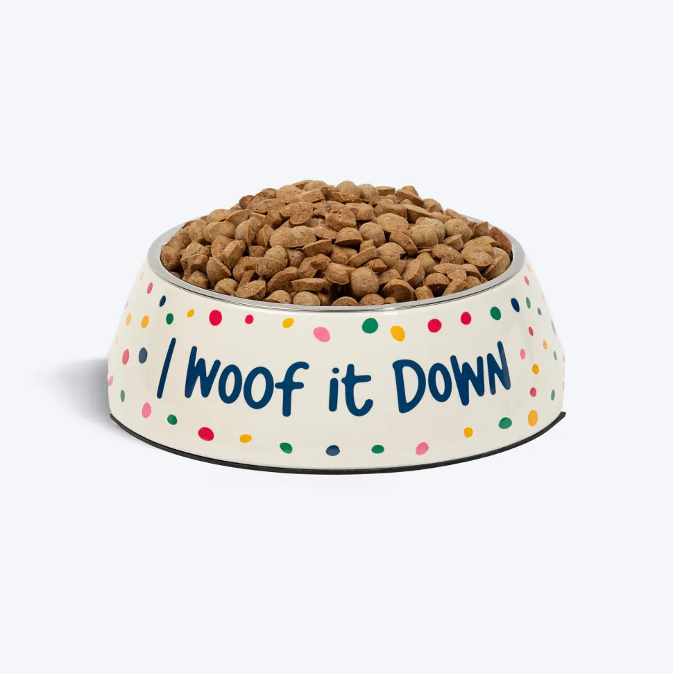 HUFT I Woof It Down Printed Melamine Bowl With Steel Insert For Dog - Beige