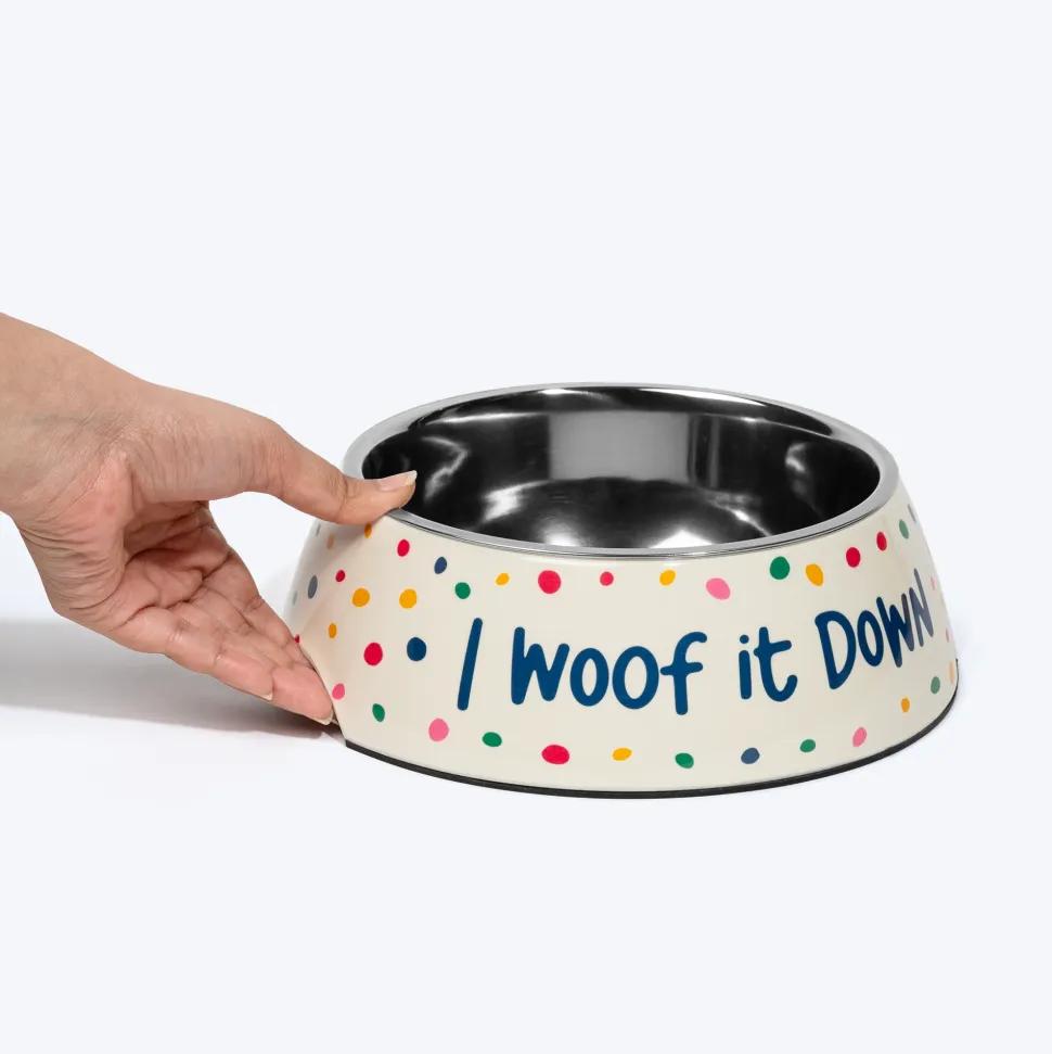HUFT I Woof It Down Printed Melamine Bowl With Steel Insert For Dog - Beige