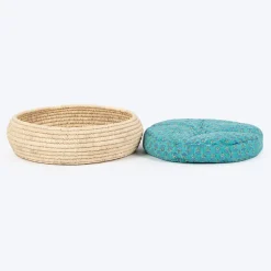HUFT Nature Nap Basket Bed With Block Printed Cushion For Cat - Multicolor