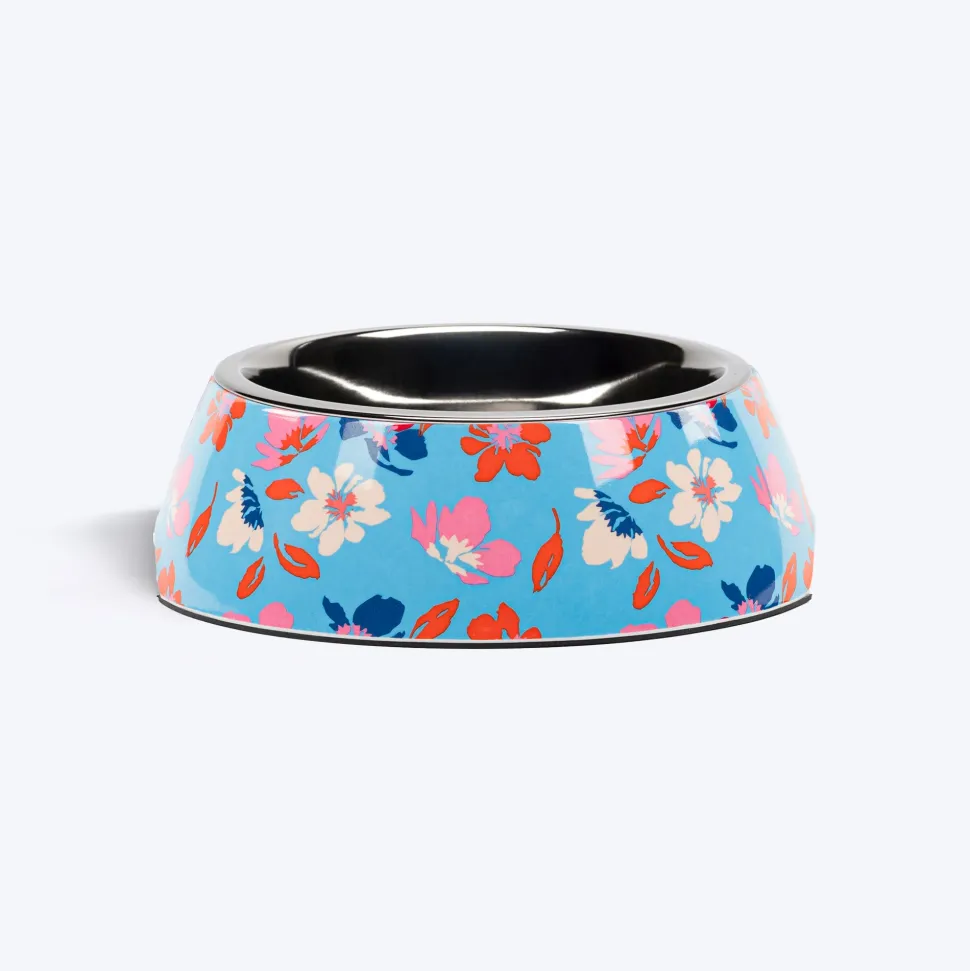 HUFT Summer Bloom Printed Melamine Bowl With Steel Insert For Dog - Blue