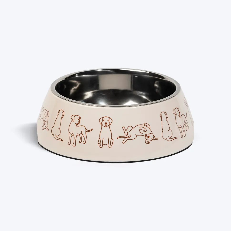 HUFT Wag And Doodle Printed Melamine Bowl With Steel Inserts For Dogs - Beige