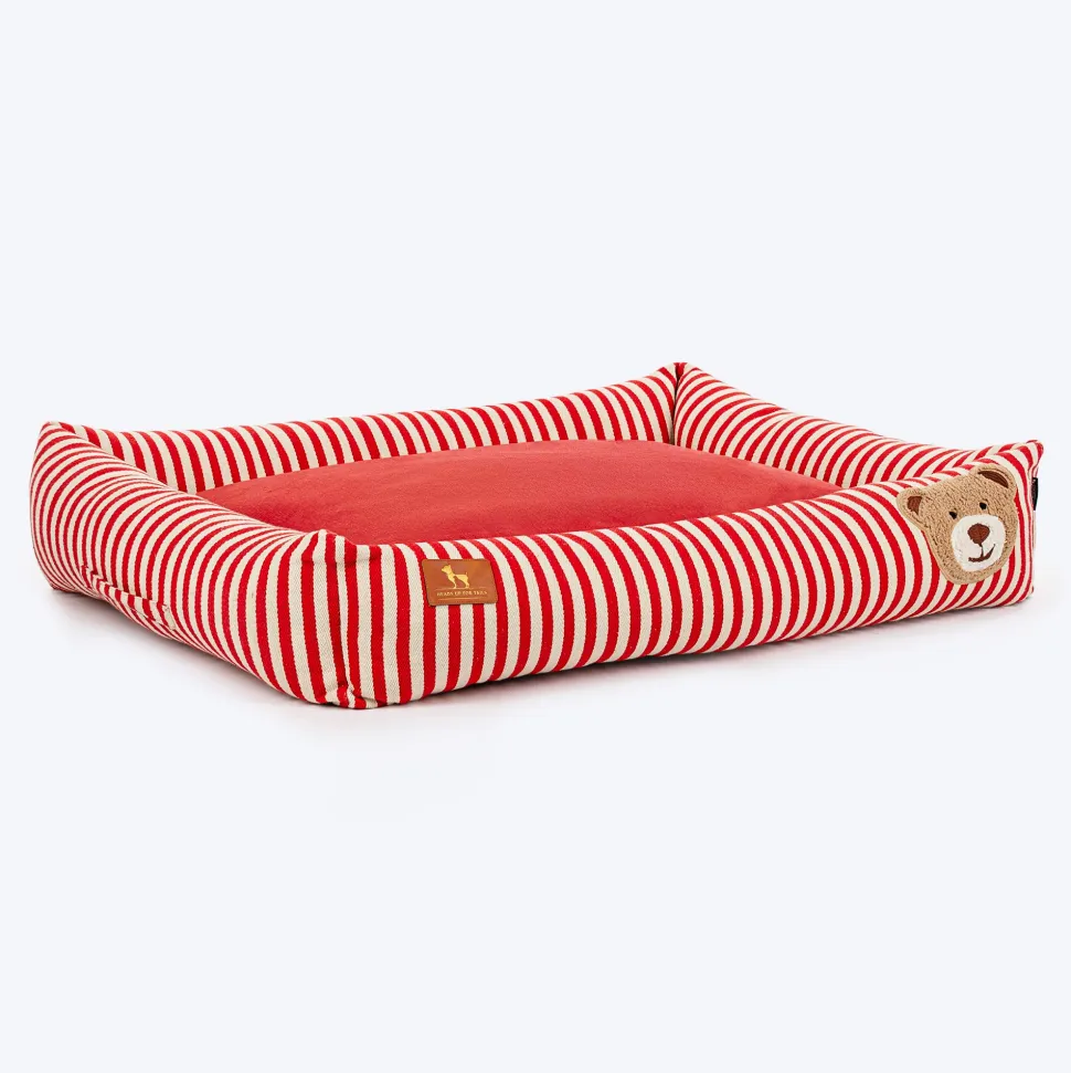 HUFT Bear Stripes Lounger Bed For Dog - Red & Ivory