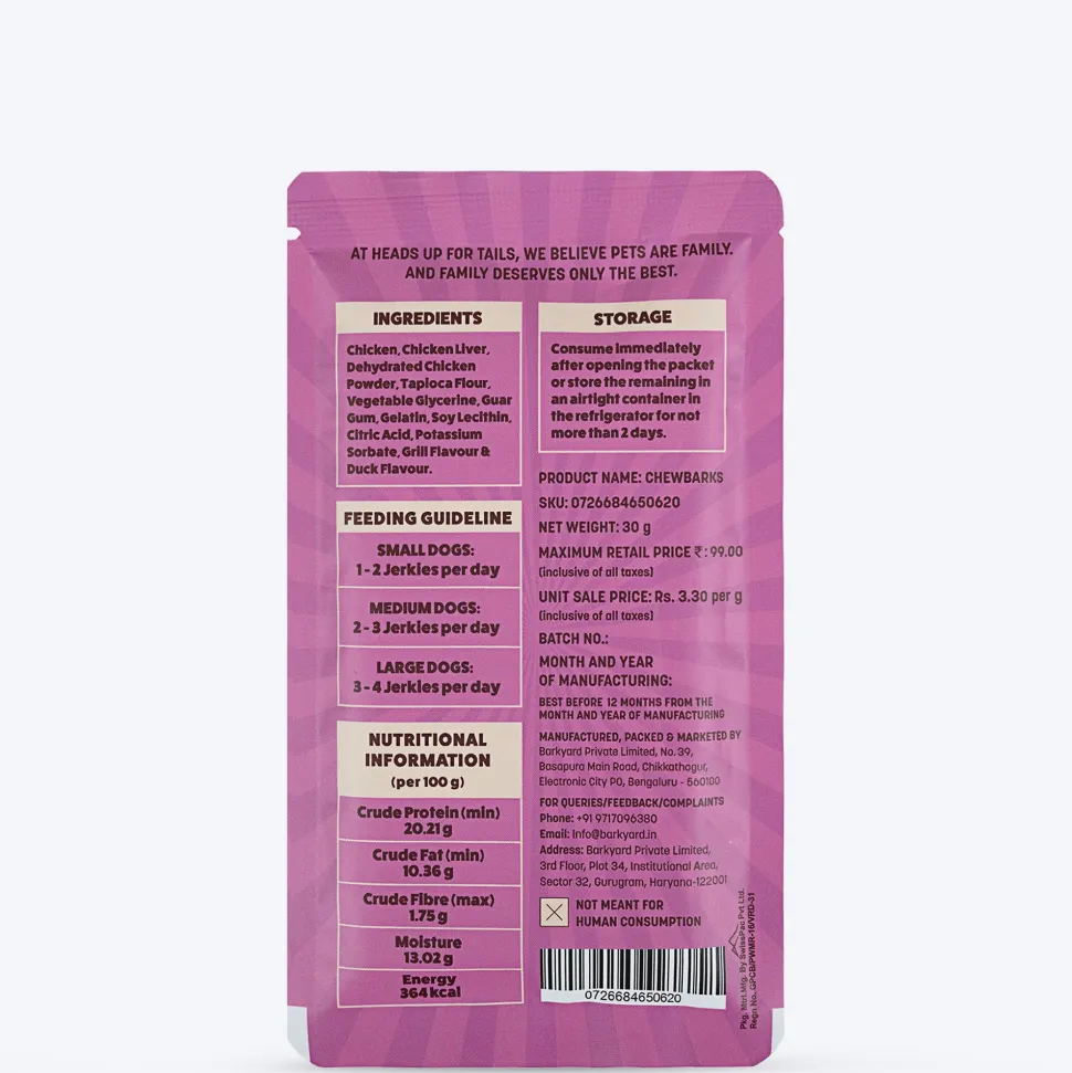 HUFT Chewbarks Dog Soft Chew Strips Treats - Grilled Duck - 30 gm