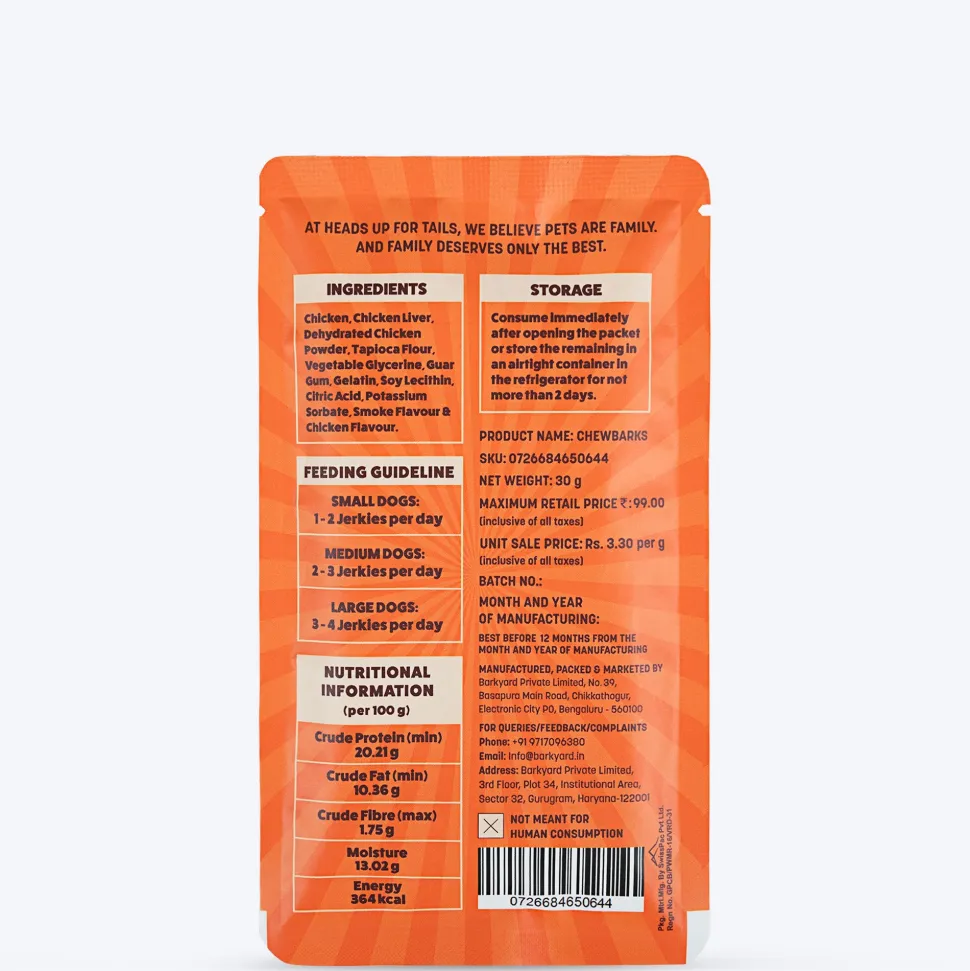 HUFT Chewbarks Smoked Chicken Soft Chew Strips Treat For Dogs - 30g