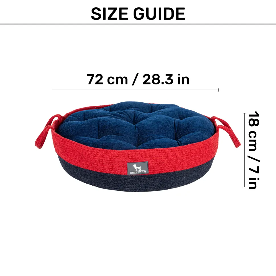 HUFT Cuddle Paws Jute Basket Bed With Cushion For Small Dogs & Cats - Red & Navy