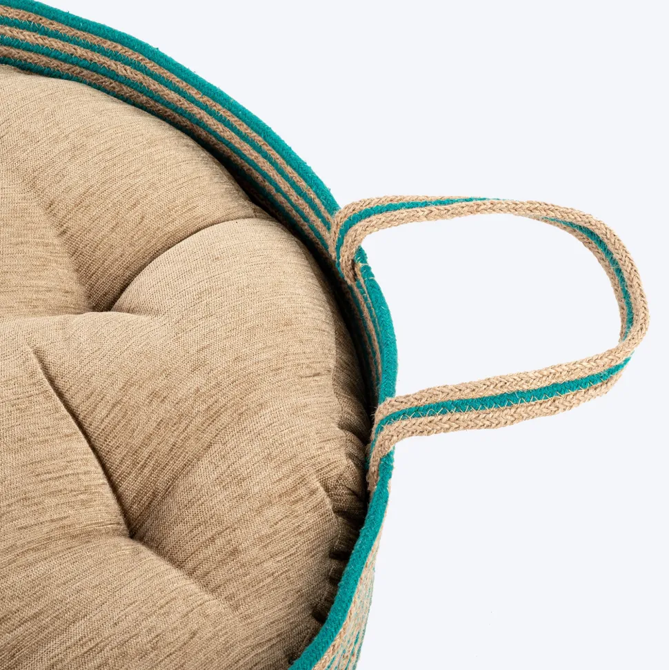 HUFT Whisker Retreat Jute Basket Bed With Cushion For Small Dogs & Cats- Aqua & Brown