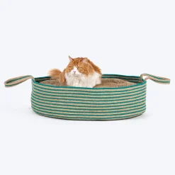 HUFT Whisker Retreat Jute Basket Bed With Cushion For Small Dogs & Cats- Aqua & Brown