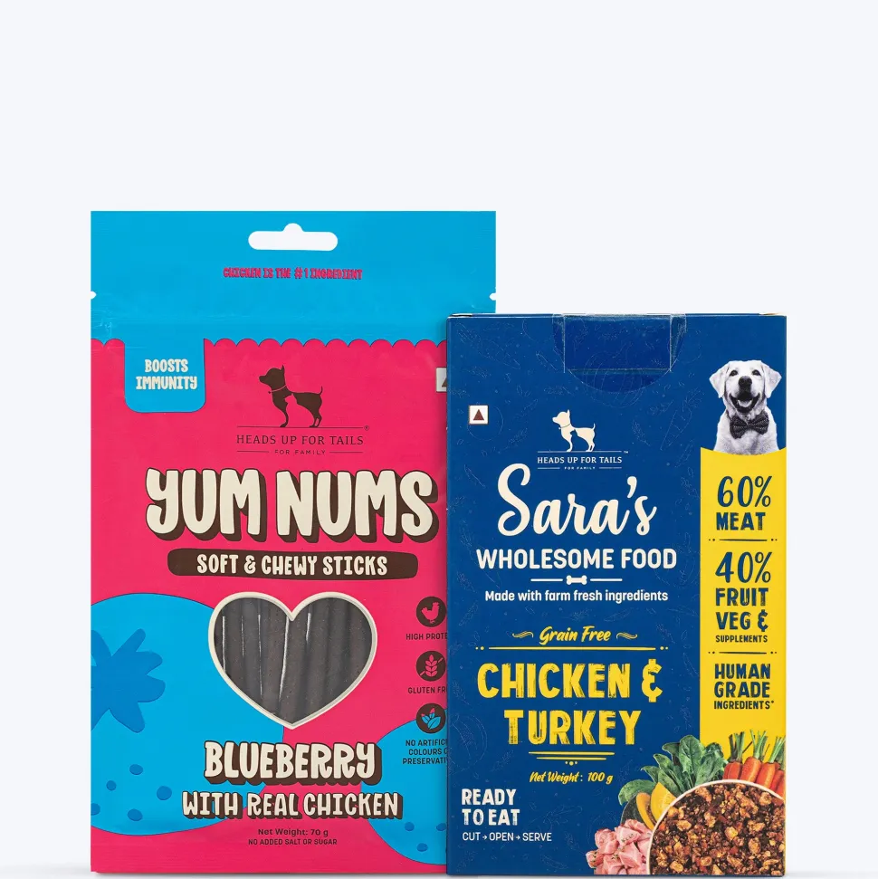 HUFT Wholesome Chicken, Turkey Food & Yum Nums Blueberry Treats Combo For Dog