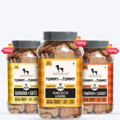 HUFT Yummy In My Tummy Vegetarian Gluten Free Dog Biscuits Combo - Pumpkin & Carrots, Peanut Butter & Banana, Banana & Oats - Pack of 3 (320 gm x 3)