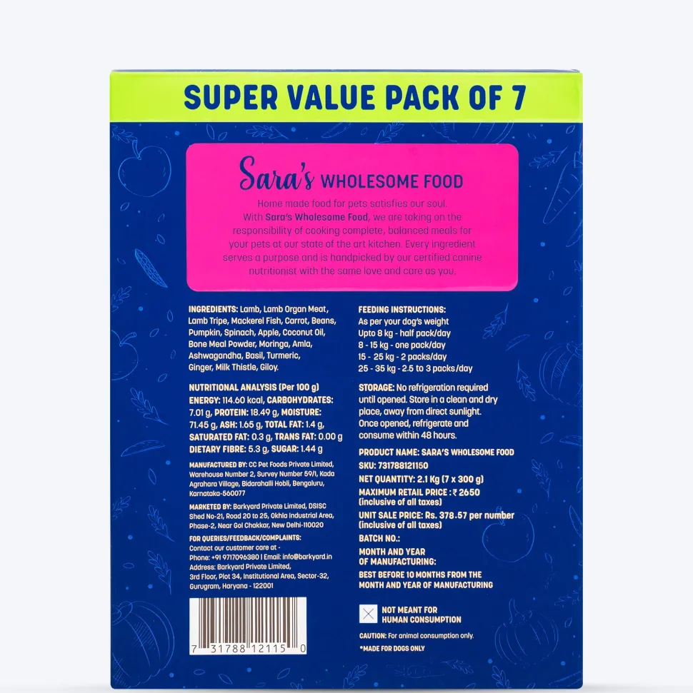 Sara's Wholesome Grain-Free Lamb & Apple Dog Food 7x300g