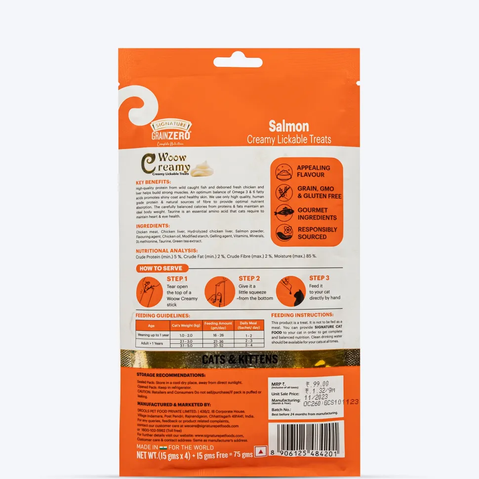 Signature Grain Zero Woow Creamy Salmon Lickable Treats For Cat & Kitten - 75 g