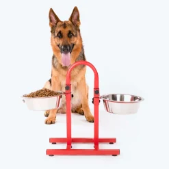 SUPER Premium Range U Shaped Double Diner Stand With Steel Dog Bowl Inserts - Red