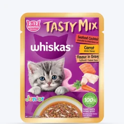 Whiskas Tasty Mix Seafood Cocktail With Carrot In Gravy Wet Food For Junior (2-12 Months) Kitten- 70 gm Pack