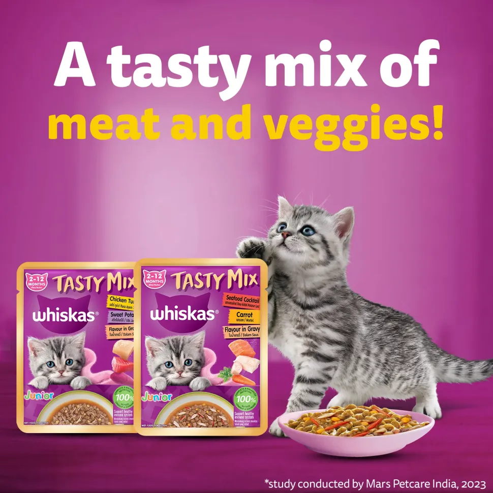 Whiskas Tasty Mix Seafood Cocktail With Carrot In Gravy Wet Food For Junior (2-12 Months) Kitten- 70 gm Pack