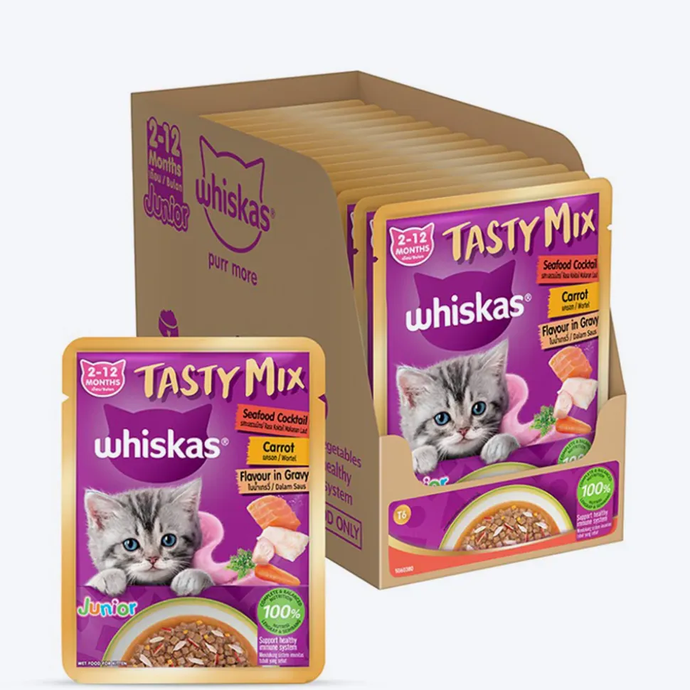 Whiskas Tasty Mix Seafood Cocktail With Carrot In Gravy Wet Food For Junior (2-12 Months) Kitten- 70 gm Pack