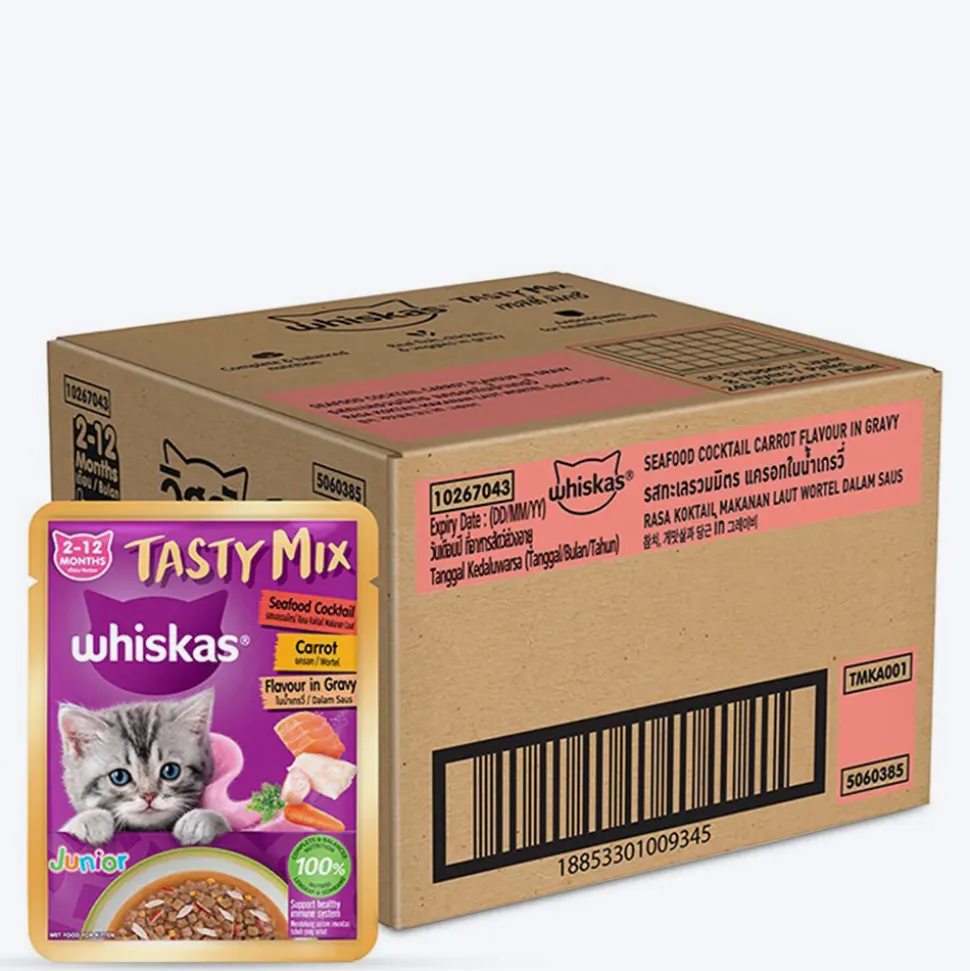 Whiskas Tasty Mix Seafood Cocktail With Carrot In Gravy Wet Food For Junior (2-12 Months) Kitten- 70 gm Pack