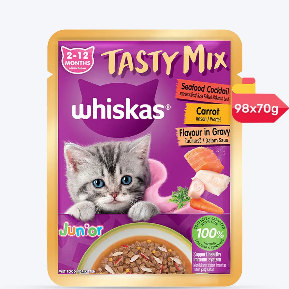 Whiskas Tasty Mix Seafood Cocktail With Carrot In Gravy Wet Food For Junior (2-12 Months) Kitten- 70 gm Pack