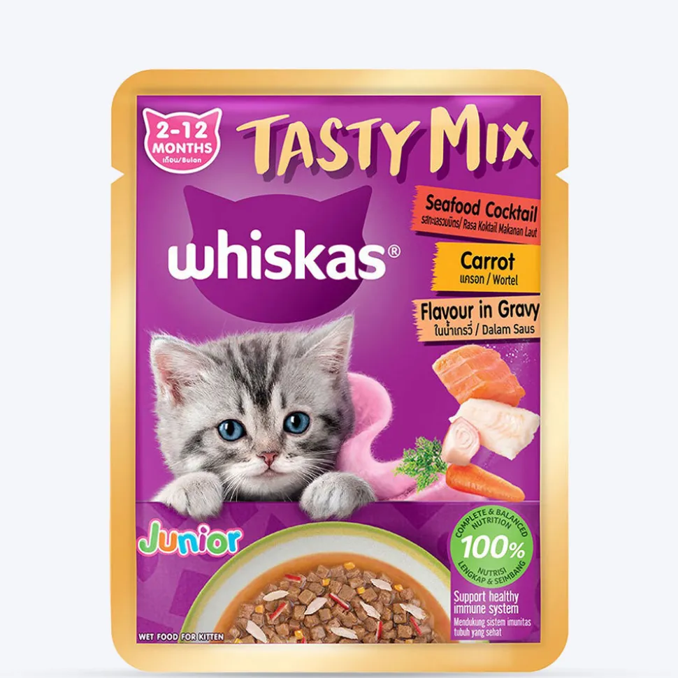 Whiskas Tasty Mix Seafood Cocktail With Carrot In Gravy Wet Food For Junior (2-12 Months) Kitten- 70 gm Pack