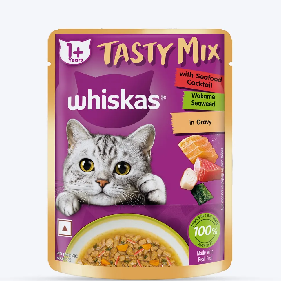 Whiskas Tasty Mix Wet Food Made With Real Fish (Seafood Cocktail & Wakame Seaweed) in Gravy For Adult (1+ year) Cat - 70 gm Pack