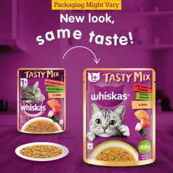 Whiskas Tasty Mix Wet Food Made With Real Fish (Seafood Cocktail & Wakame Seaweed) in Gravy For Adult (1+ year) Cat - 70 gm Pack