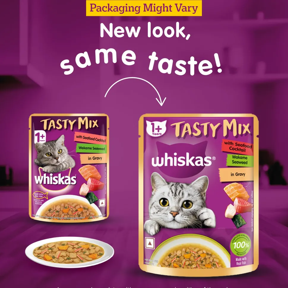 Whiskas Tasty Mix Wet Food Made With Real Fish (Seafood Cocktail & Wakame Seaweed) in Gravy For Adult (1+ year) Cat - 70 gm Pack