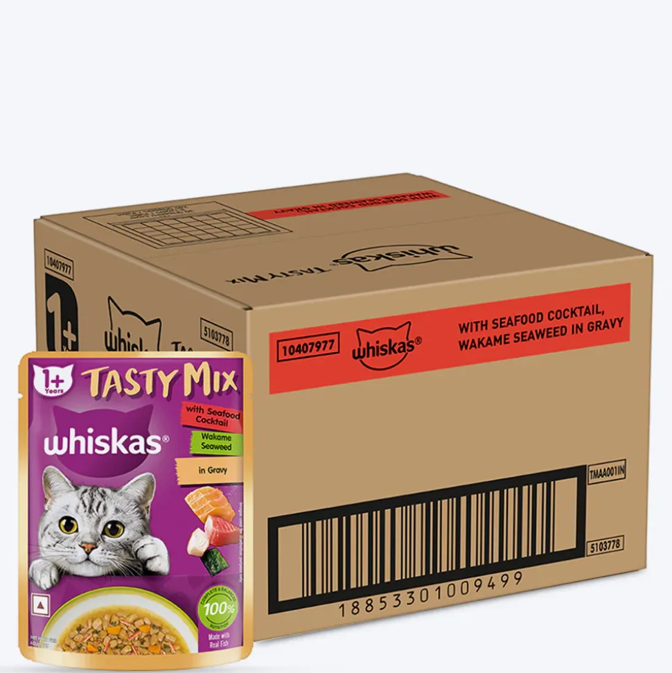 Whiskas Tasty Mix Wet Food Made With Real Fish (Seafood Cocktail & Wakame Seaweed) in Gravy For Adult (1+ year) Cat - 70 gm Pack