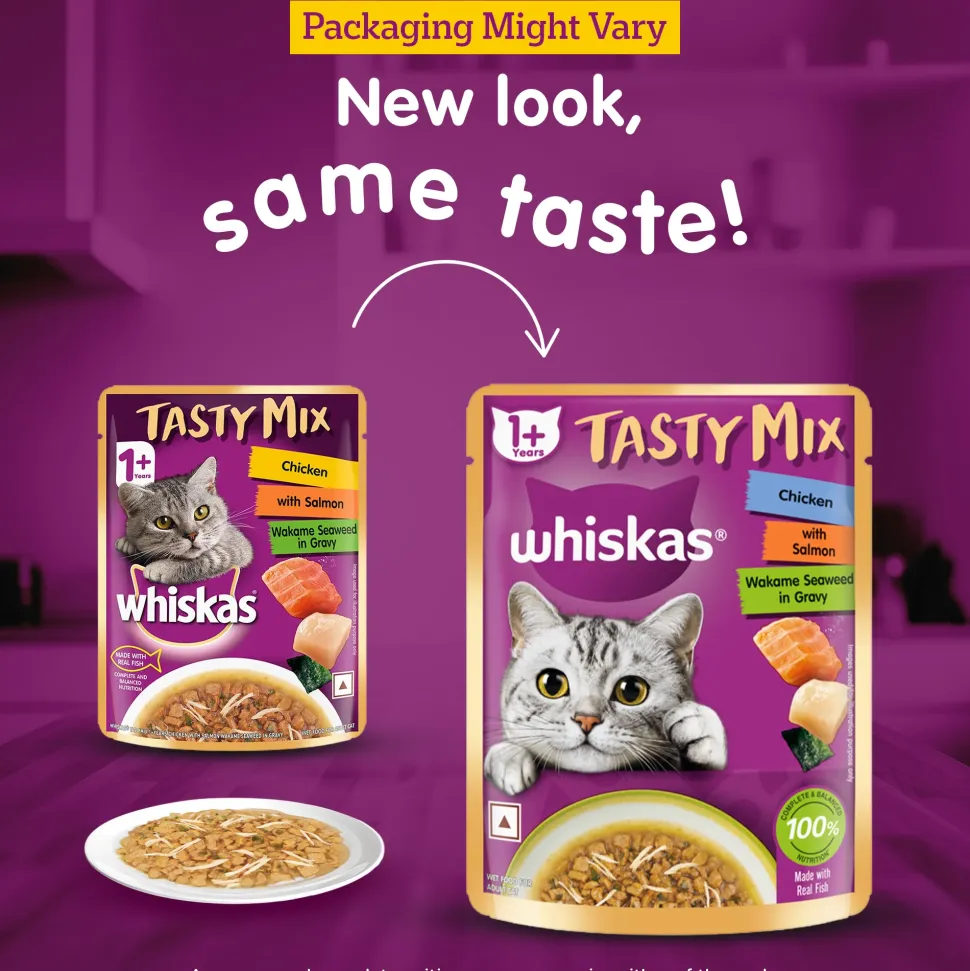 Whiskas Tasty Mix Wet Food Made With Real Fish (Salmon & Wakame Seaweed) With Chicken in Gravy For Adult (1+ year) Cat - 70 gm Pack