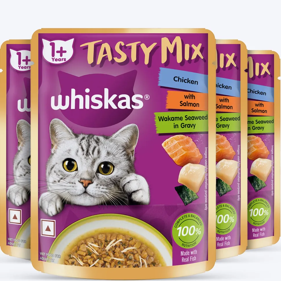 Whiskas Tasty Mix Wet Food Made With Real Fish (Salmon & Wakame Seaweed) With Chicken in Gravy For Adult (1+ year) Cat - 70 gm Pack