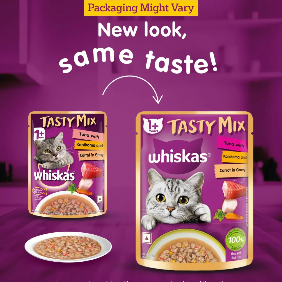 Whiskas Tasty Mix Wet Food Made With Real Fish (Tuna & Kanikama), And Carrot in Gravy For Adult (1+ year) Cat - 70 gm Pack
