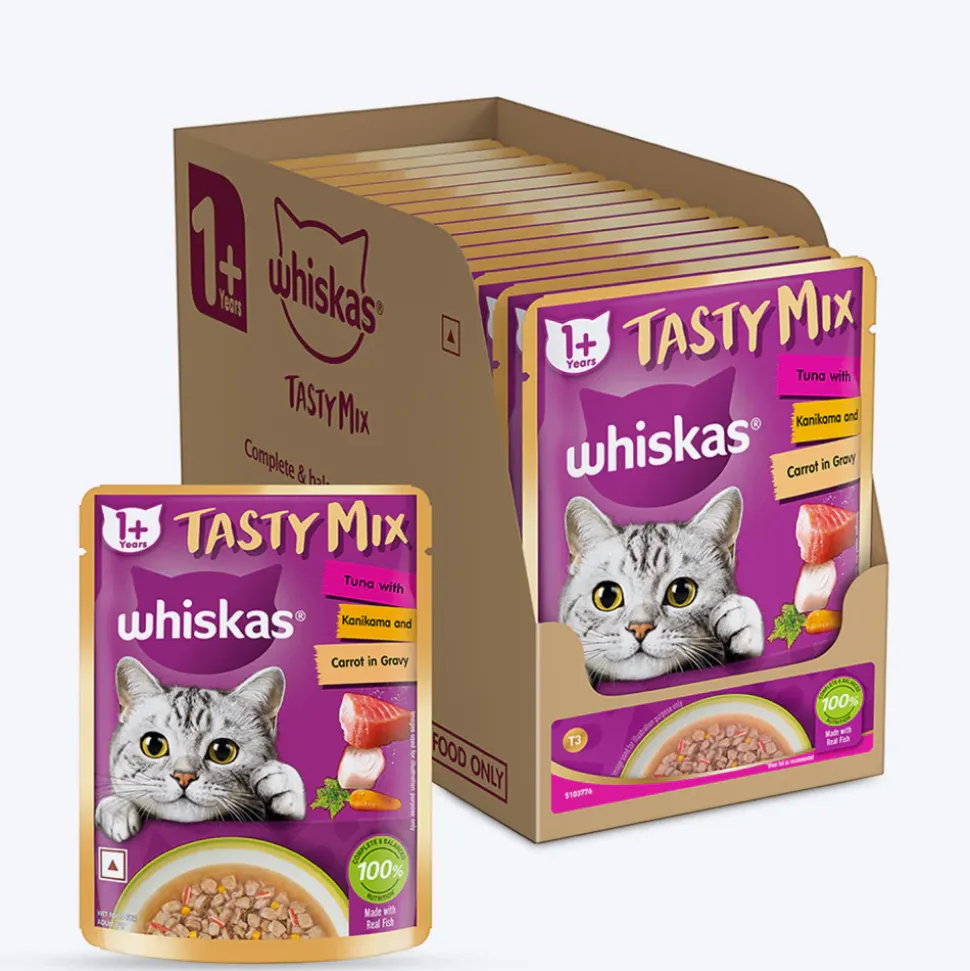 Whiskas Tasty Mix Wet Food Made With Real Fish (Tuna & Kanikama), And Carrot in Gravy For Adult (1+ year) Cat - 70 gm Pack