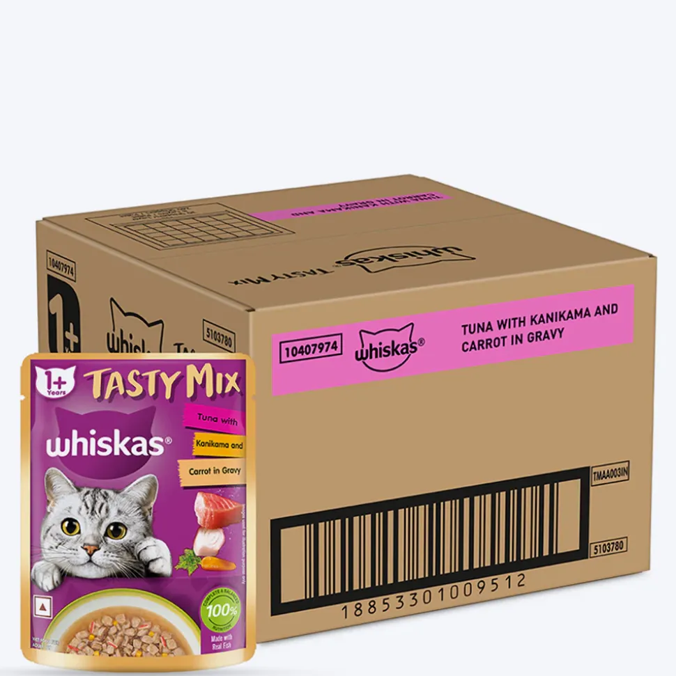 Whiskas Tasty Mix Wet Food Made With Real Fish (Tuna & Kanikama), And Carrot in Gravy For Adult (1+ year) Cat - 70 gm Pack