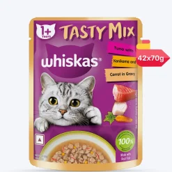 Whiskas Tasty Mix Wet Food Made With Real Fish (Tuna & Kanikama), And Carrot in Gravy For Adult (1+ year) Cat - 70 gm Pack