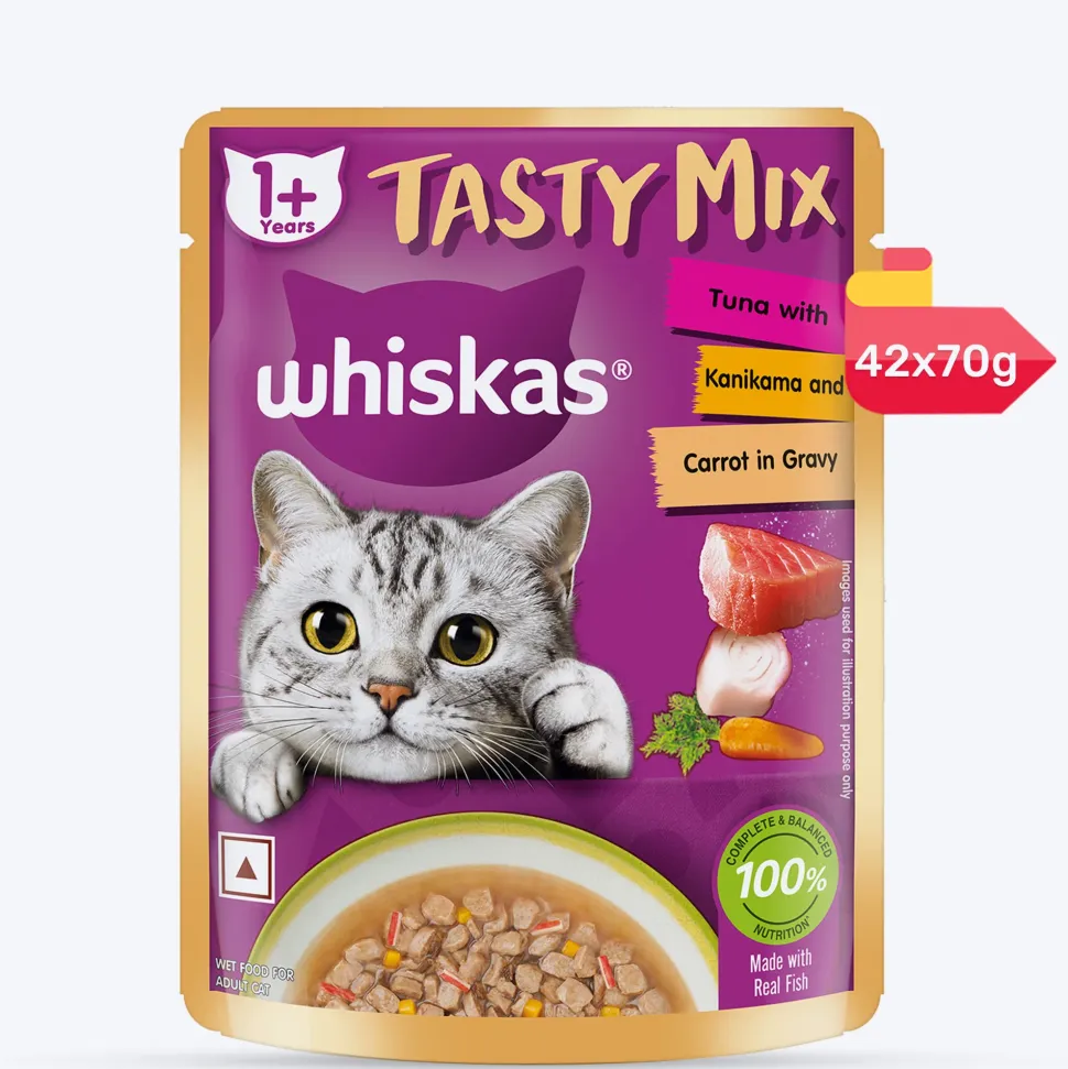 Whiskas Tasty Mix Wet Food Made With Real Fish (Tuna & Kanikama), And Carrot in Gravy For Adult (1+ year) Cat - 70 gm Pack