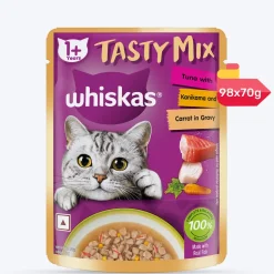 Whiskas Tasty Mix Wet Food Made With Real Fish (Tuna & Kanikama), And Carrot in Gravy For Adult (1+ year) Cat - 70 gm Pack