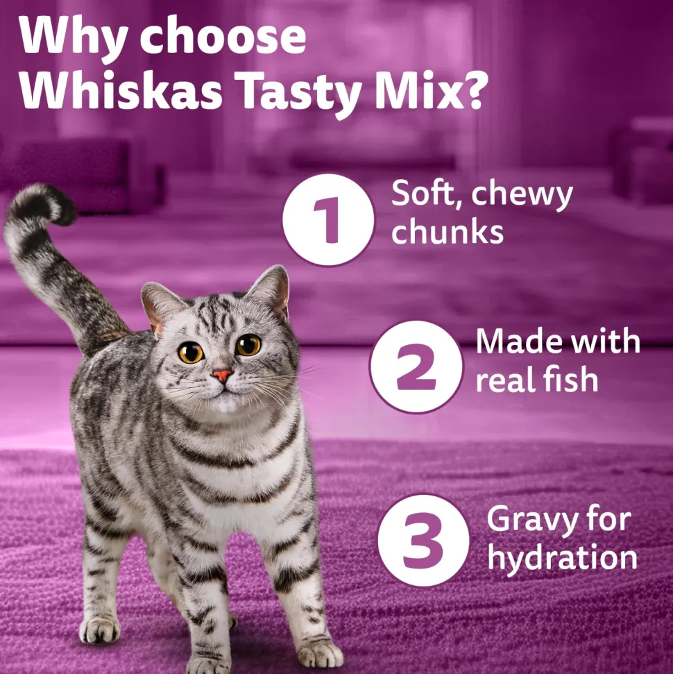 Whiskas Tasty Mix Wet Food Made With Real Fish (Tuna & Kanikama), And Carrot in Gravy For Adult (1+ year) Cat - 70 gm Pack